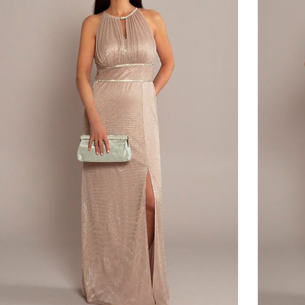High-Neck Glitter A-Line Gown with Keyholes